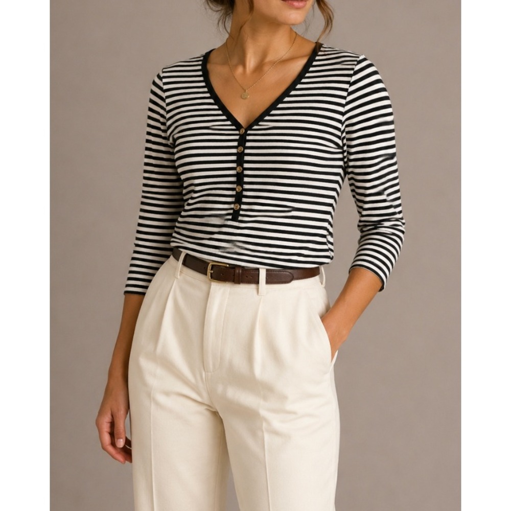 NWT Ralph Lauren Blue White Stripe 3/4 Sleeve Button Top Riviera Gold Button S